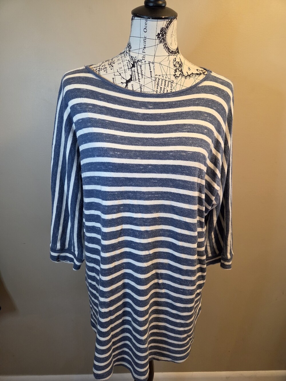 Chaps Denim Womens 1X Blue White Striped Cotton Blouse 3/4 Sleeve Plus Size